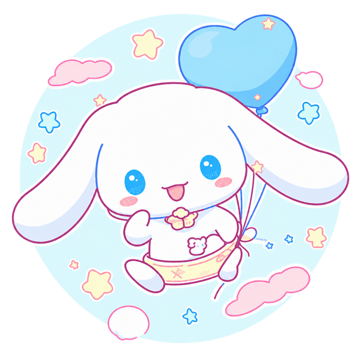 Cinnamoroll floating with a blue heart balloon, clouds and stars